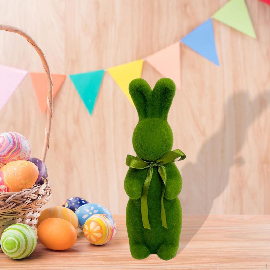Flocked Easter Bunny Figurine Statue Sculpture with Bowknot for Indoor Desktop