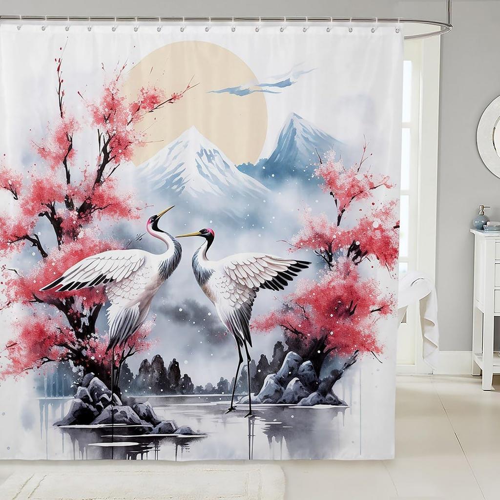 Cartoon Cat Shower Curtain,Japanese Ukiyo Painting Waves Sunrise Bathroom Curtain Kids Teens Women Room Decor,Ocean Waterproof