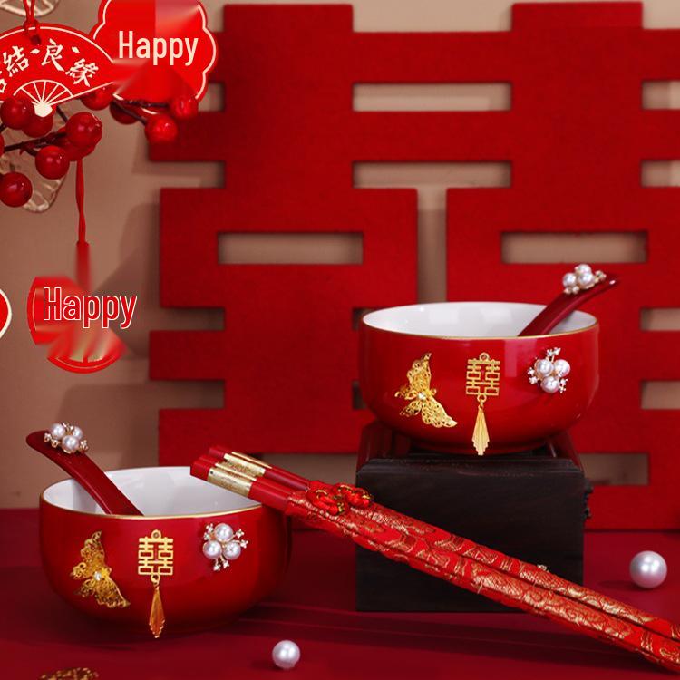 Wedding Tea Set: Red Bowls, Cups, and Chopsticks for Bride's Dowry