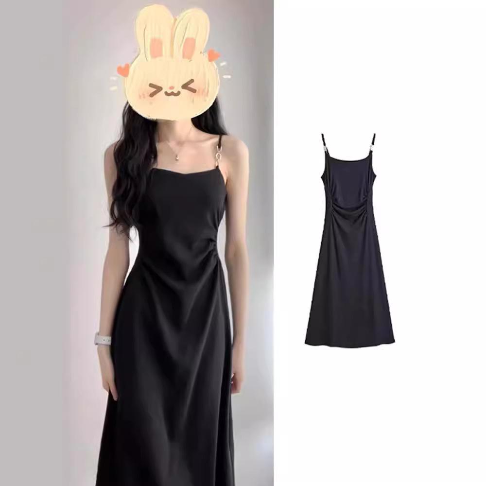 French Black Suspender Dress, New Slim-fitting Waist and Thin Long Dress, Niche Design Pleated Small Black Dress