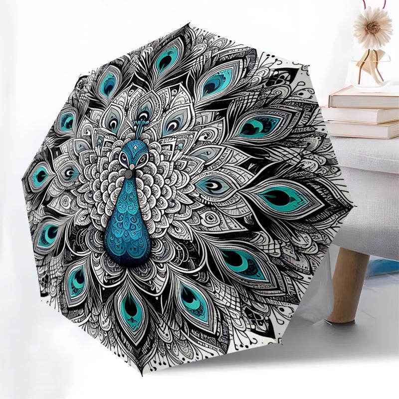 

1pc Mandala Peacock Design Automatic Opening Folding Umbrella - Portable 3-Fold Design with Iron Frame, Outdoor, Festival Gift for Fans, Travelers, Da