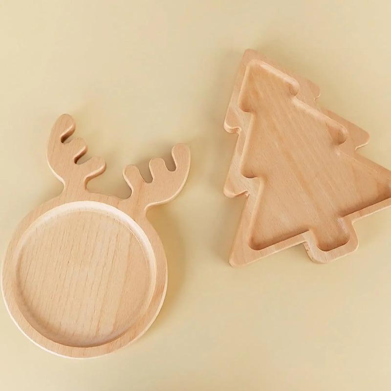 Simple Wooden Tray, Creative Cartoon Christmas Tree Plate, Creative Cartoon Elk Plate