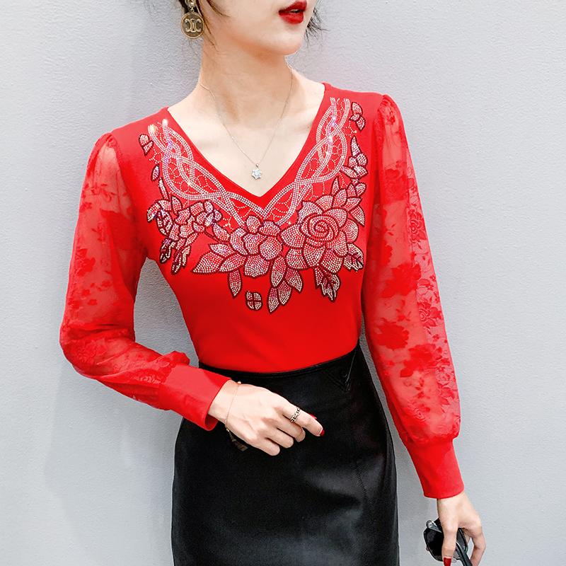 Spring Autumn Women's Lace Sleeve Patchwork T-Shirt Elegant V-neck Tees Slim Ladies Tops With Rhinestone Flower
