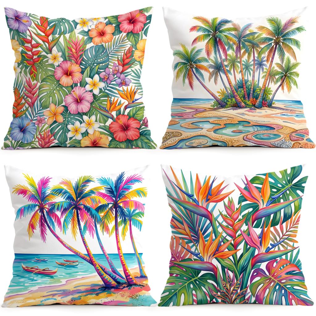 Tropische Hibiskusblüten Palmen Kissen Kissenbezug Polyester Kissenbezug Dekokissen Kissenbezug Haus Auto Sofa Dekor