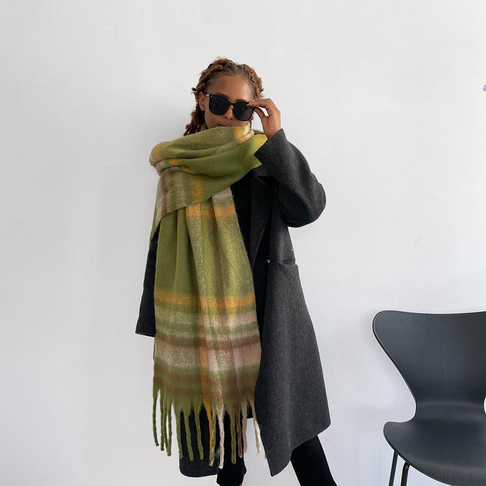 Classic Striped Plaid Seahorse Hair Scarf Women's Winter Warm Advanced Sense Rubbing Beard Long Fringed Scarf