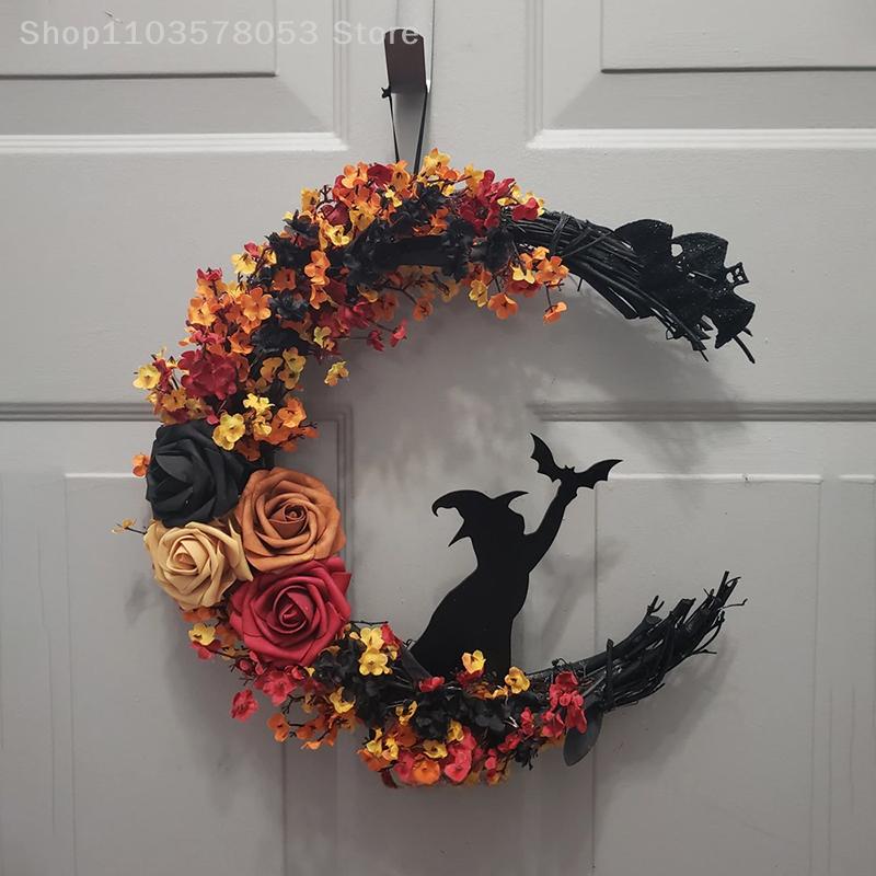 Halloween Crescent Moon Cat Wreath Gothic Garland Decor Handmade Artificial Halloween Door Hanging Decor Halloween Decor Supply