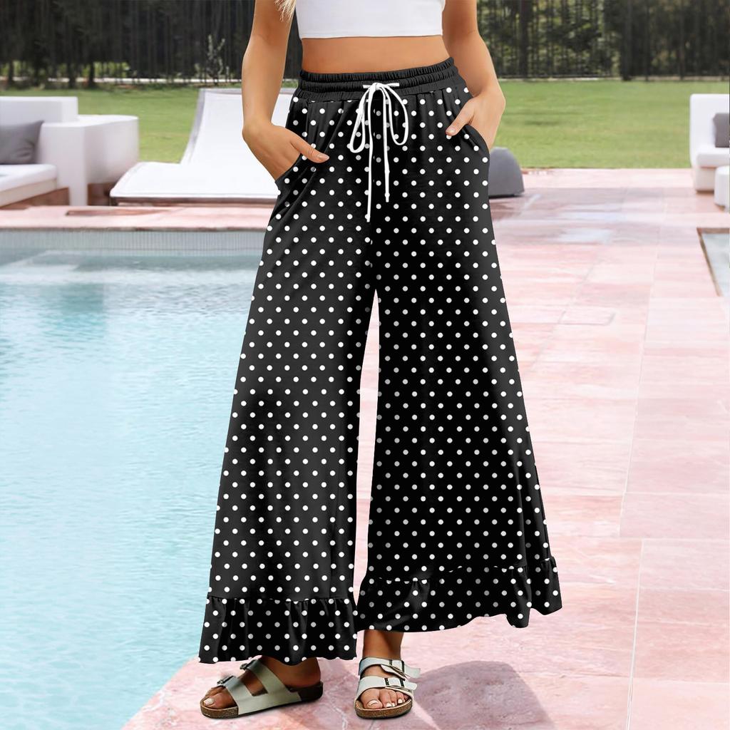 Women's Wide-Leg Casual Pants With Drawstring, Stretch, High Waist, Ruffled Hem, Wide Legs, Belted, And Pockets