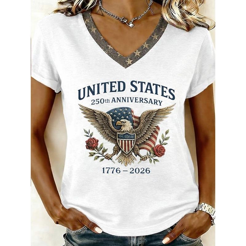Women's T Shirt Print Graphic Flag Vintage Stylish Classic Short Sleeve V Neck Regular Tops Summer Spring