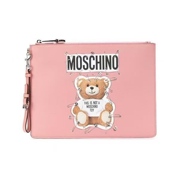 Moschino Teddy Bear Brooch Pattern Designer Recommended Polyester Laptop Clutch Bag Large Unisex Bags Pink A8420-8210-A1147 Basic Set (Bag+Dust Bag)