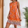 Damen Boho Paisley-Print Minikleid Ärmellos Fransen Saum Orange Rundhals Locker Lässig Sommer Strandurlaub Sommerkleid