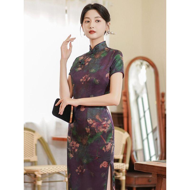 Printed Standing Neck Long Skirt Qipao Print Stand-up Collar Slim Fit Long Dress Cheongsam Women