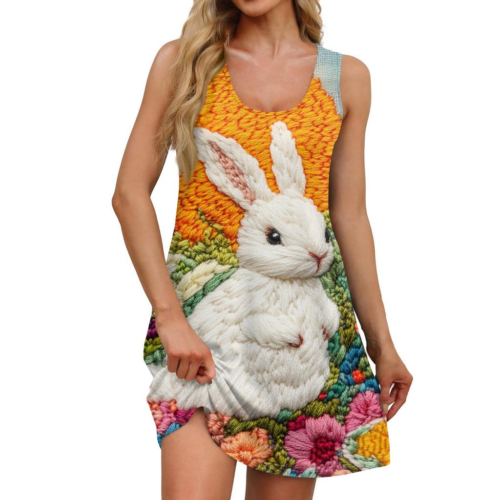 Women's Summer Casual Square Collar Easter Print Dress Sleeveless Dress With Pockets
