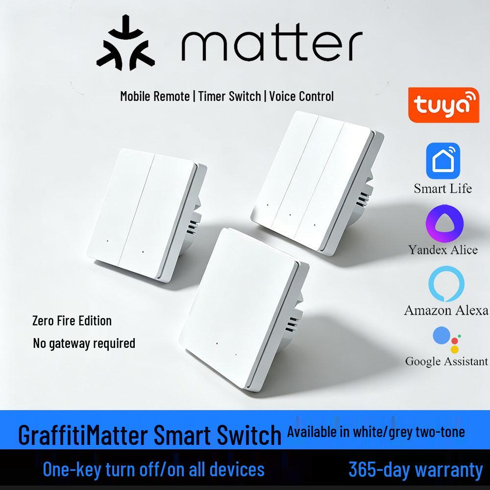 Matter Smart Wall Timer Switch, No Neutral, Remote Control, Alexa Compatible. Flat Plate 1-Way White Zero Fire