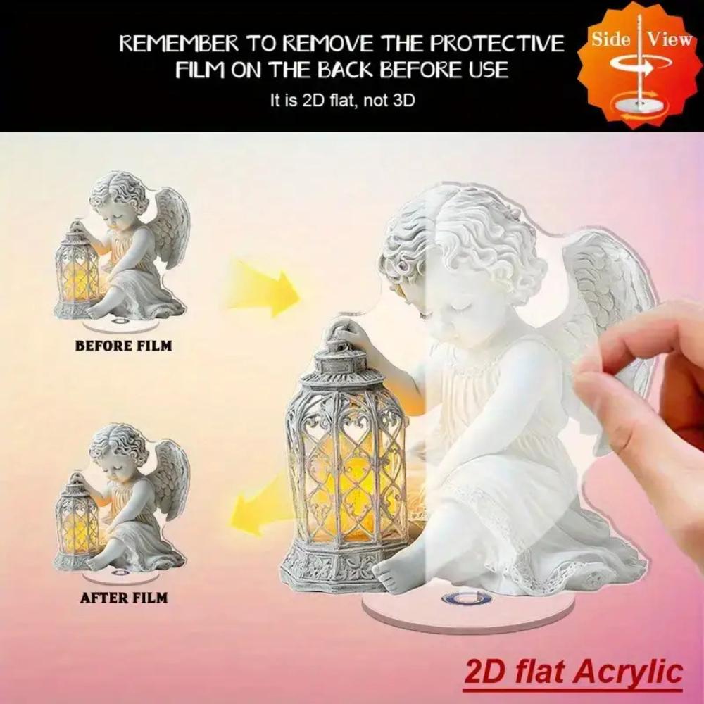 Elegante Angelo Rotante 2D in Acrilico con Lanterna, Base Stabile e Leggera Decorazione per Casa, Ufficio, Chiesa e Cimitero, Perfetto per Natale, Matrimoni
