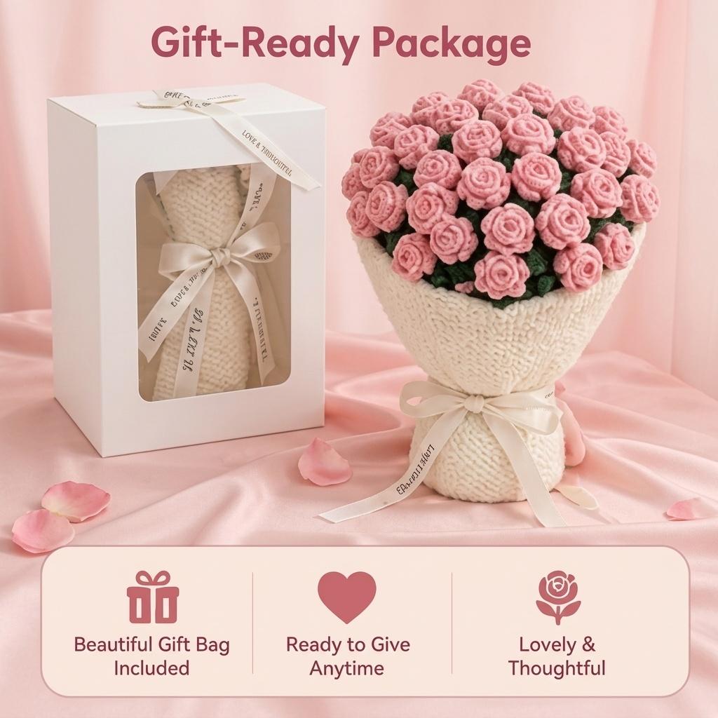 60/80/110/160cm Finished Rose Bouquet Blanket Knitted Nap Throw Blanket Gift for Girlfriend Best Friend Holiday Present with Gift bag