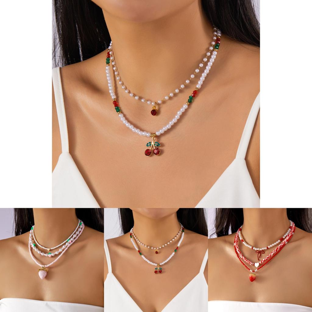 Cute Fruit Pendant Necklace Pack With Pearl Chain For Summer Party Wear