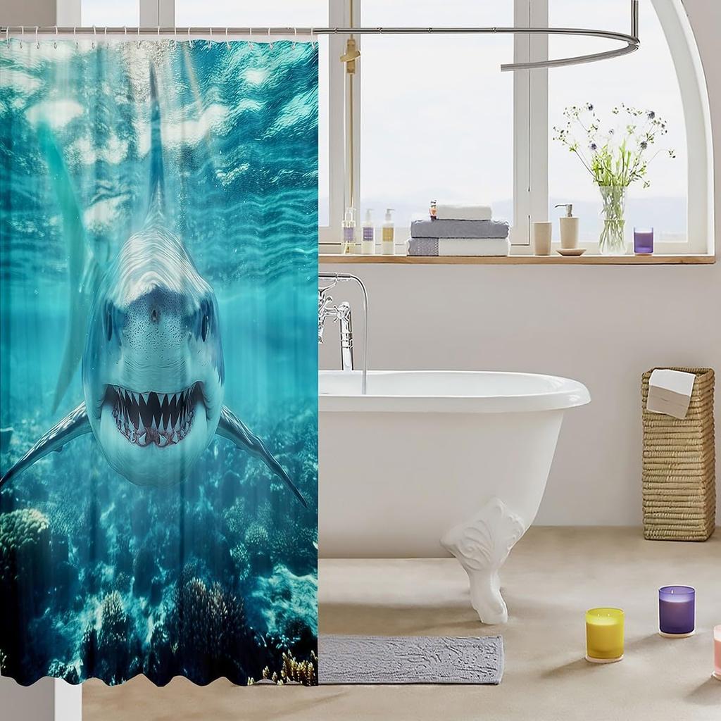 Shark Shower Curtain, 3D Shark Bath Curtain, Sea Animals Bathtub Shower Curtain Ocean Sea Wave Shower Stall Curtain Blue White