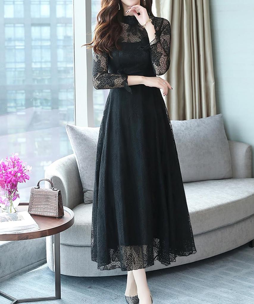 Sueeya Lace Long Ruffle Long Perfect for and Size M Women's Dress, Sleeves, Flared, All-Over Print, Cute, High-Waisted, Slimming, Stylish, Sheer,
