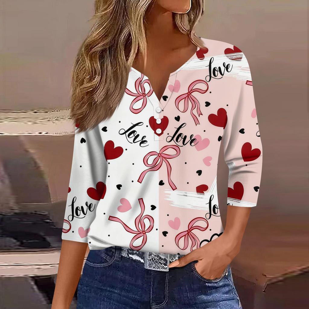 Women's Fashion Button-Up V-Neck Three-Quarter Sleeve Valentine's Day Print Top