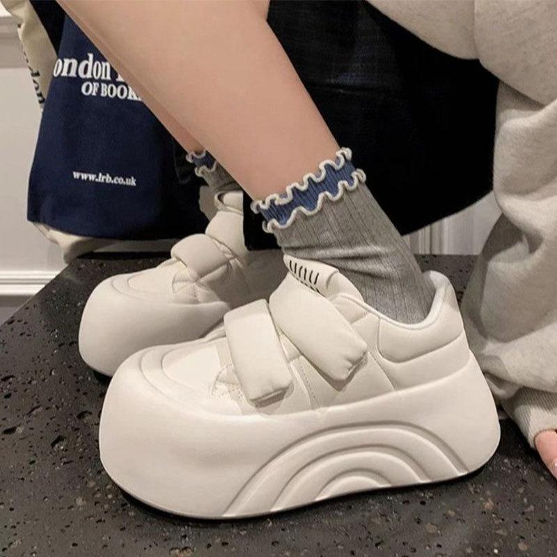 Round Head Thick Sole Big Head Shoes Women's Autumn Velcro Casual Shoes Ugly Cute Sports Shoes Increase Height Versatile