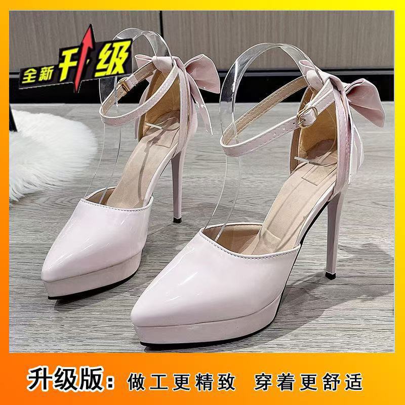 12Cm thin heel waterproof table one-word buckle with fashion adult gift high heels bow high heels pointed sandals women