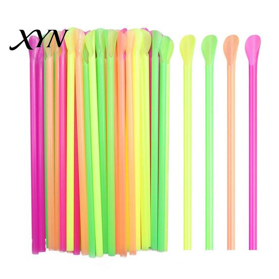 Fluorescent Color Straws 50/100Pcs Spoon Straw for Smoothie, 2 in 1 Disposable Eco-friendly Plastic with Spoon, Slush Milkshake Bubble Tea Convenient