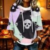 Women's Halloween Print Hooded Top, Loose Fit Casual 3/4 Sleeve Pullover Shirt