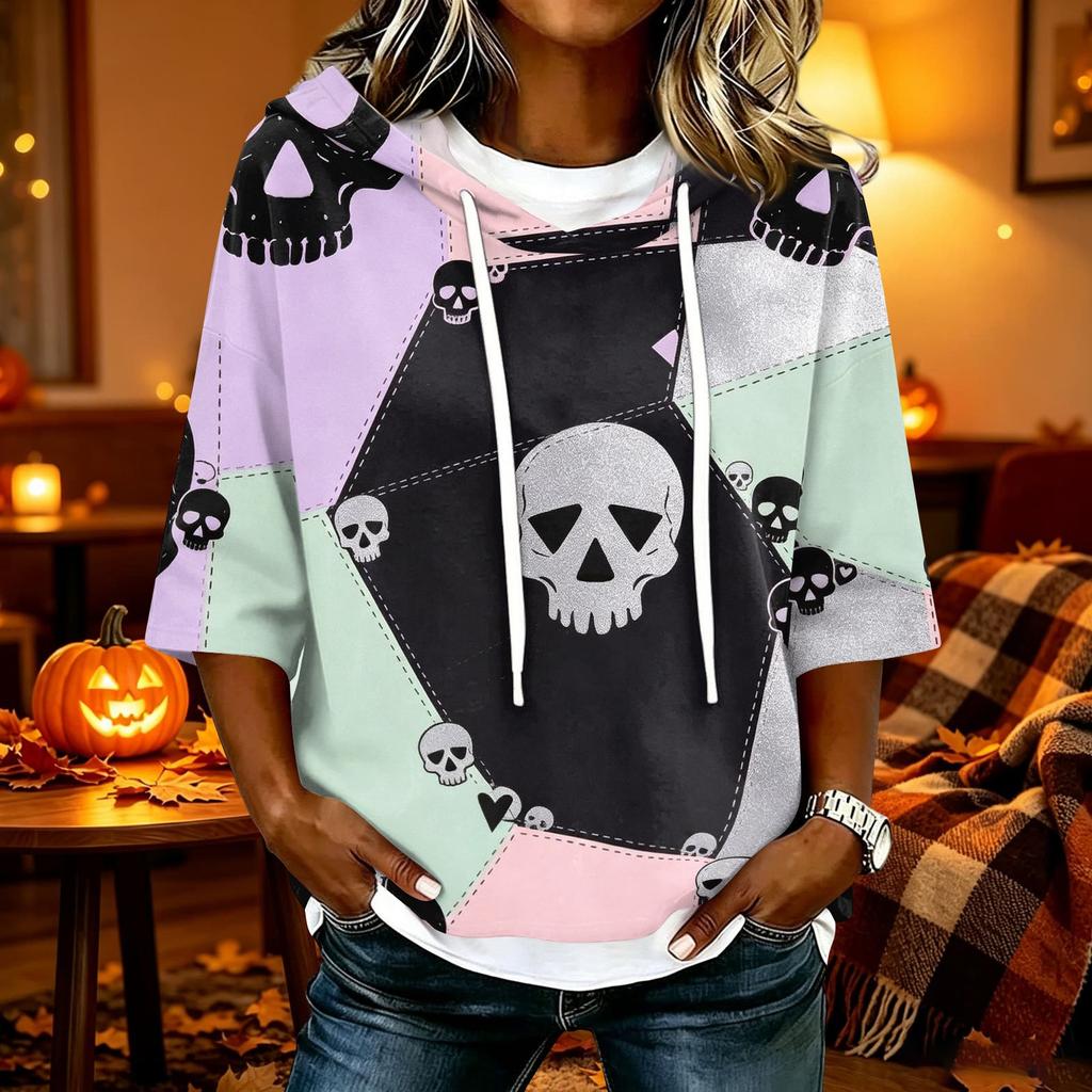 Women's Halloween Print Hooded Top, Loose Fit Casual 3/4 Sleeve Pullover Shirt