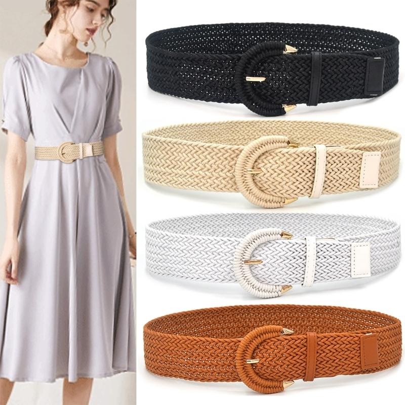 Adjustable Braided Waistband Trimmed Belt Women’s Fashion Bohemian Waist Cincher with Semicircle Metal Clasp Charm
