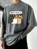 Cartoon Funny Cats Printed Men Washed Tee Shirt ONeck Cotton TShirts Casual Summer Clothes Vacation Beach Style Streetwear