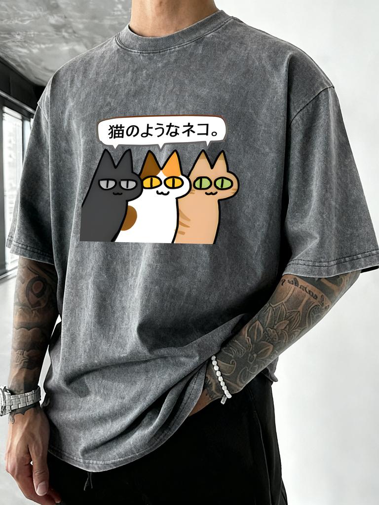 Cartoon Funny Cats Printed Men Washed Tee Shirt ONeck Cotton TShirts Casual Summer Clothes Vacation Beach Style Streetwear