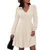 Women's Fashion Casual V-neck A- Line Fit Solid Color Long Sleeve Dress