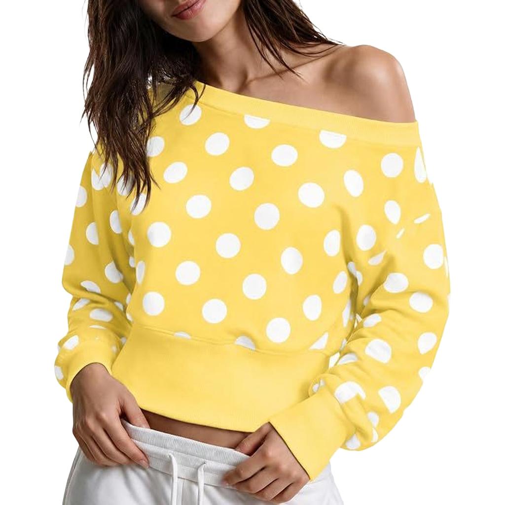 Damen Polka Dot Schulterfreies Sweatshirt Langarm Lockerer Schnitt Lässiges Oberteil