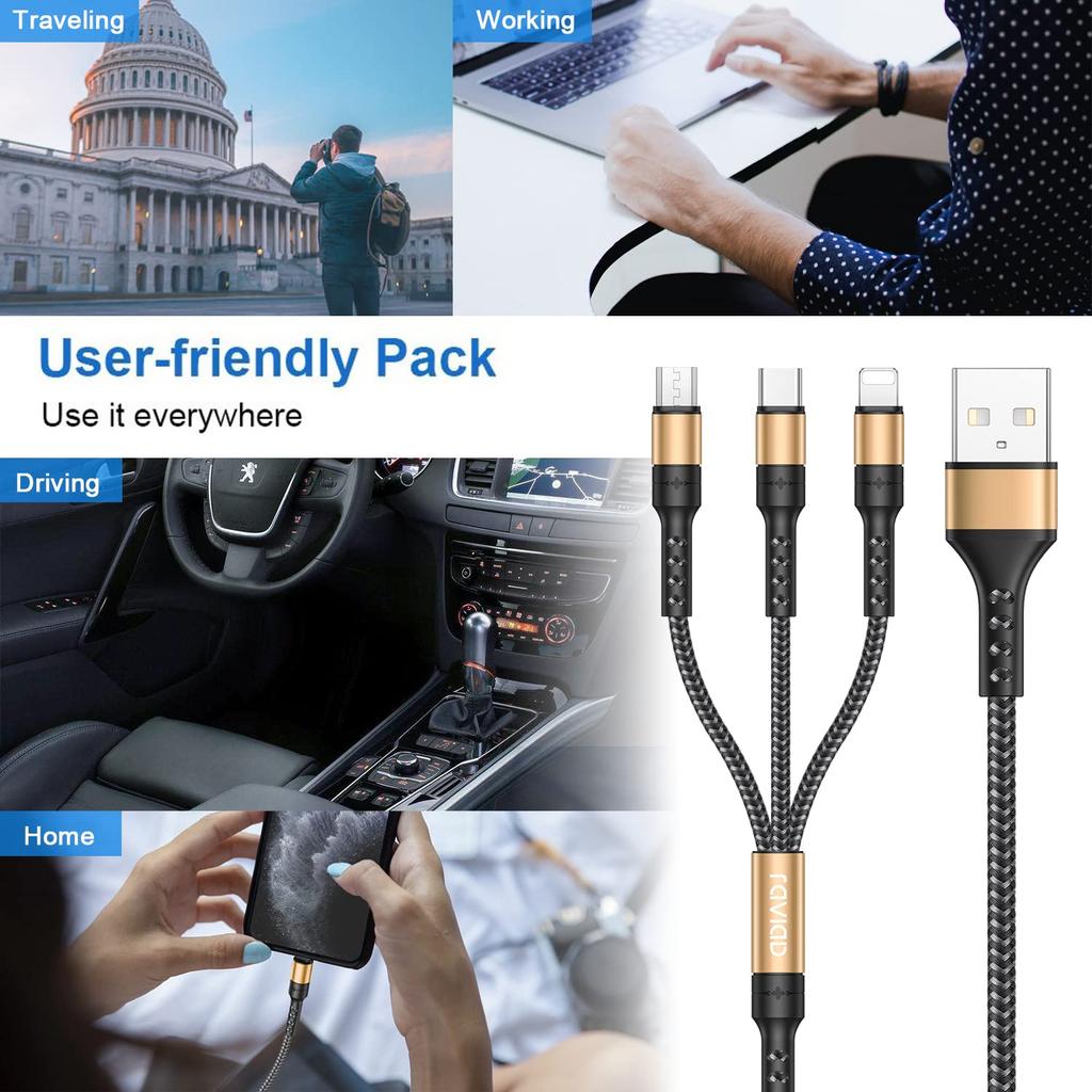 RAVIAD Charging Cable USB Cable Fast Charging Charging Cord USB Cable 3-in-1 1.2M C/Micro USB/iPhone