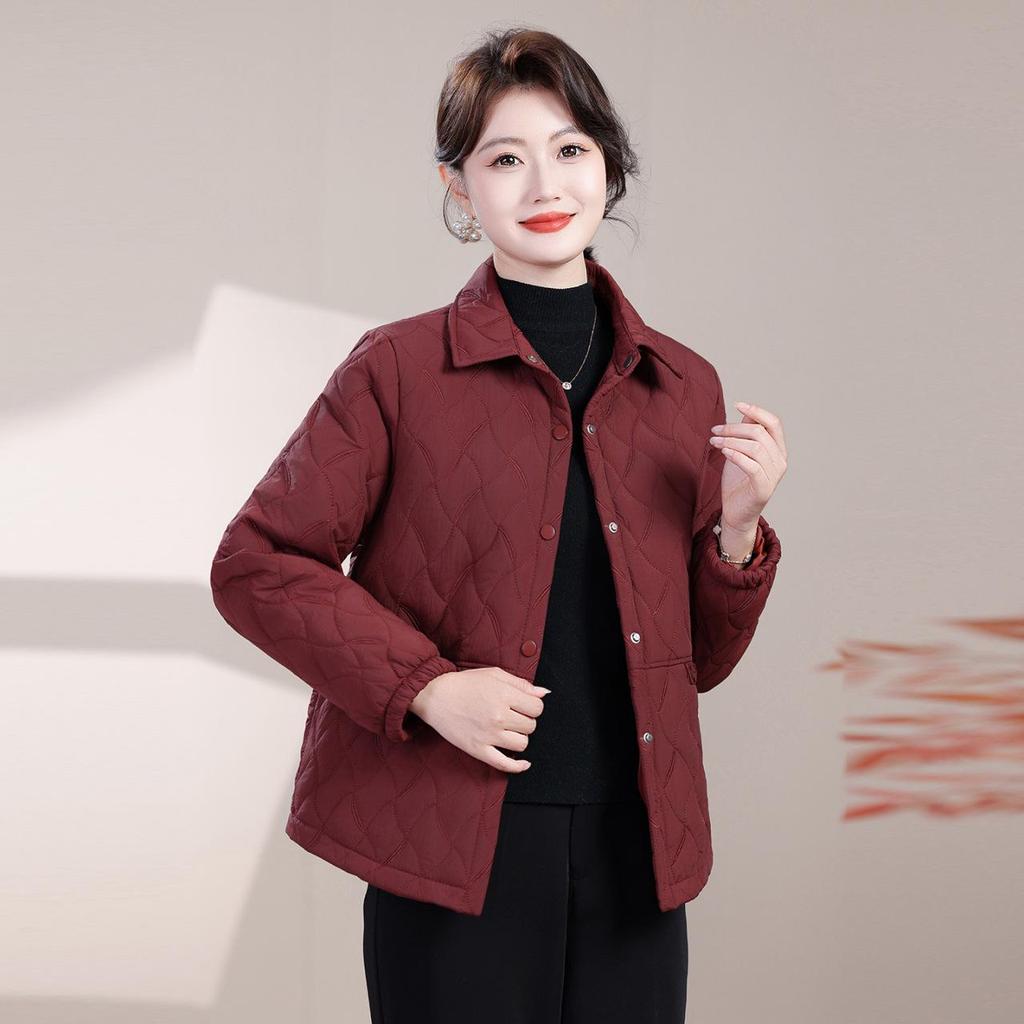 Lightweight Autumn/Winter Cotton Jacket for Middle-Aged & Elderly Women - Solid Color Casual Outerwear with Lapel