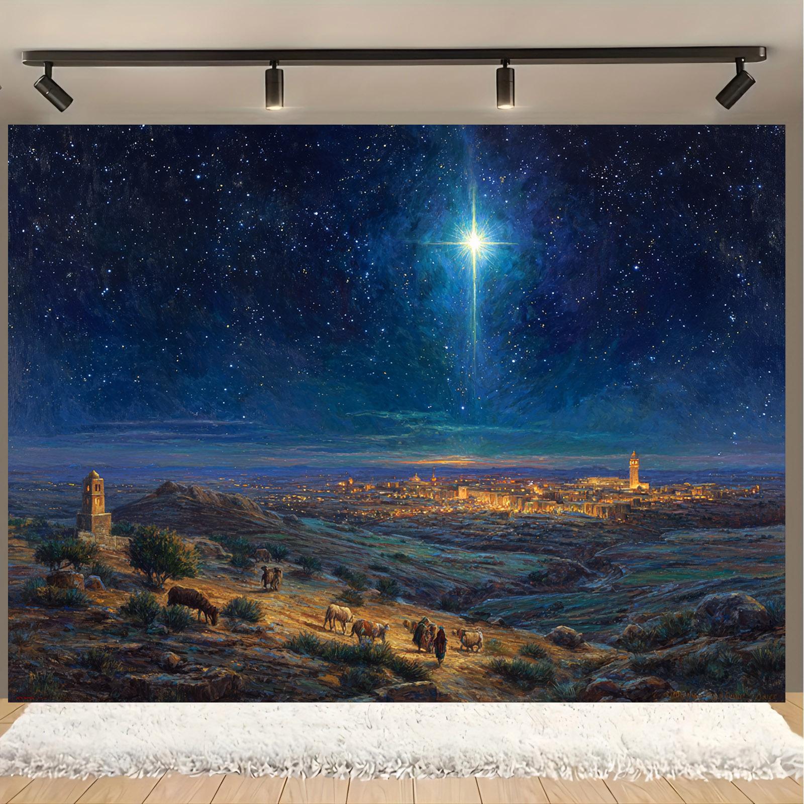 1pc Starry Night Jesus Nativity Theme background and the night sky of Bethlehem, festival decorations. (as the picture,100x150cm)