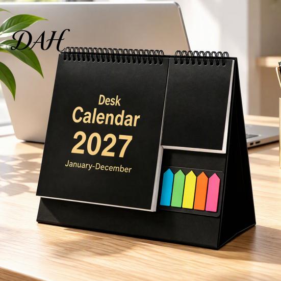 Monthly Schedule Organizer Desk Calendar 2027, Standing Flip Desktop with Sticker Portable Coil Bound Planner Notepad, Twin-Wire Binding 12