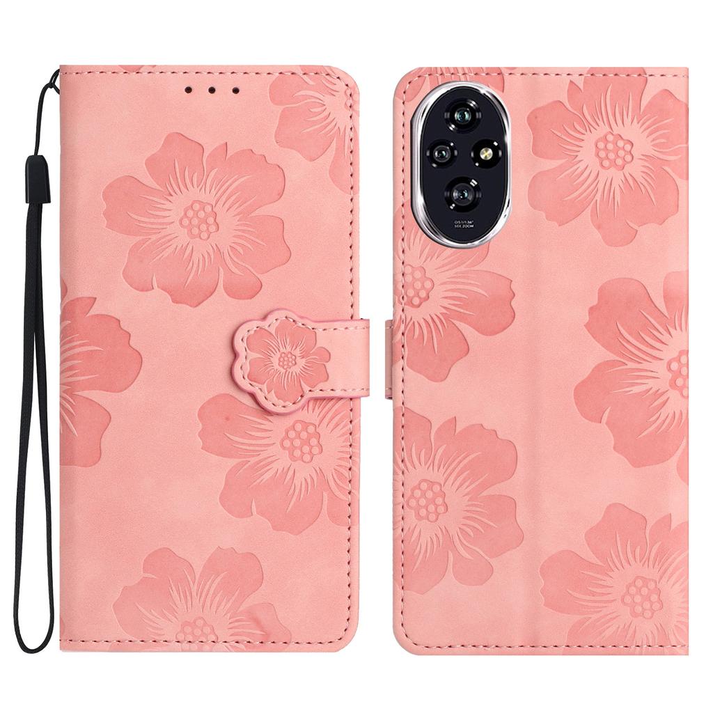 For Honor 200 5G Case Flower Design Leather Wallet Phone Cover with Wrist Strap