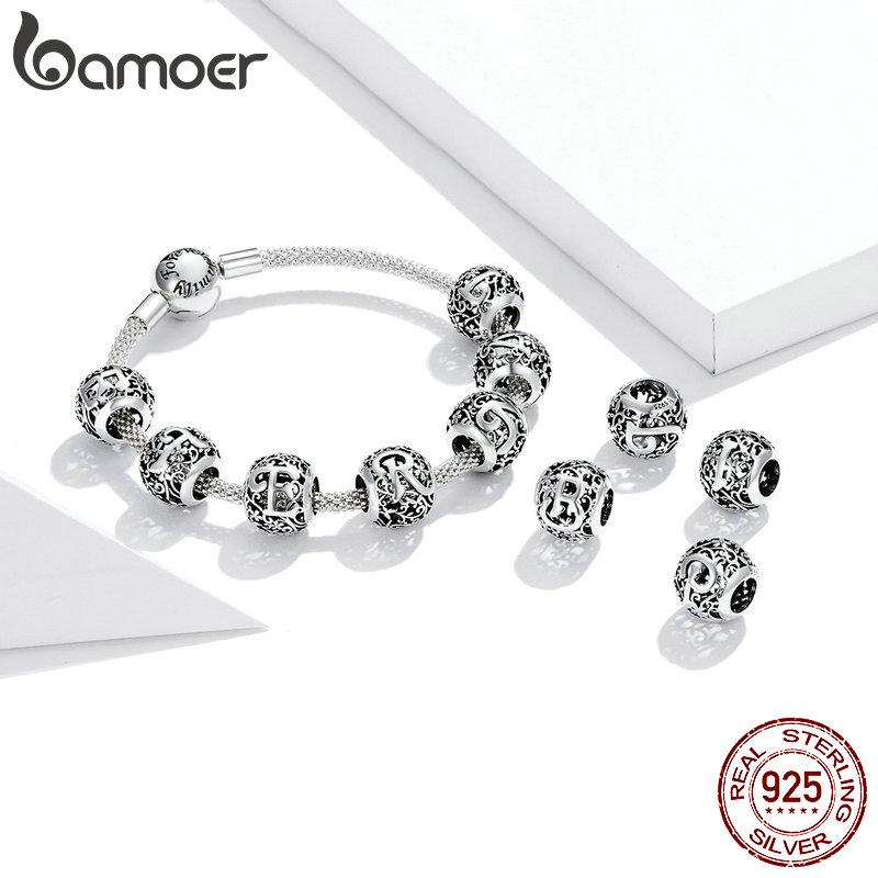 BAMOER 925 Silver Retro Letter Charms Hollowed Alphabet A-Z Round Beads for Women Bracelet DIY Jewelry Making
