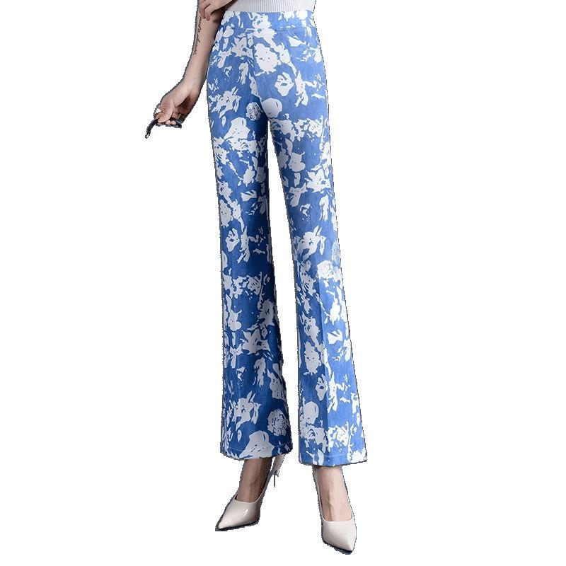 Denim Blue Stylish Micro-Flare Summer Pants - Plus Size Slim-Fit Versatile Casual Women's Trendy Long Pants