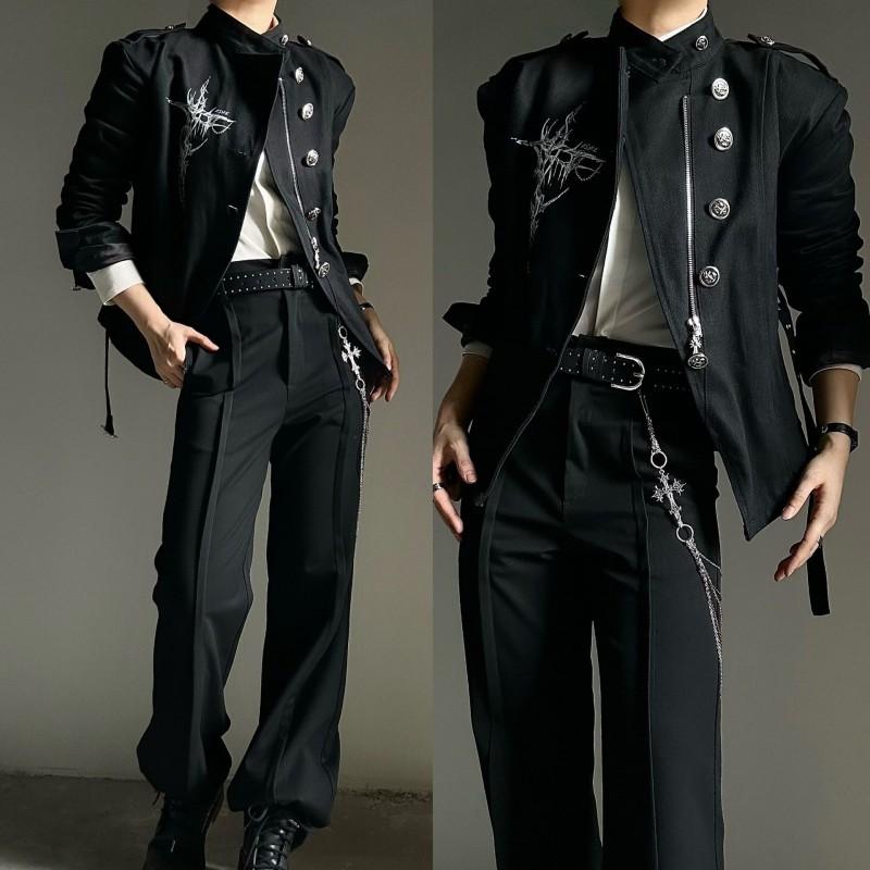 Dark Yamamoto Style Printed Jacket Retro Court Belt Buckle Casual Coat Teens Loose Fit