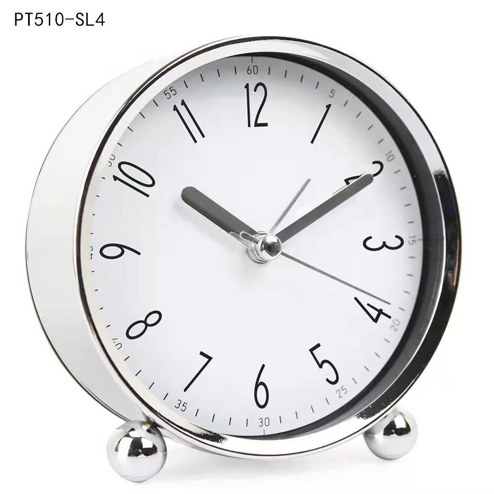Round Alarm Clock Study Desk Alarm Clock Pointer Type Quartz Clock Bedside Table Clock Silent Metal Seat Clock