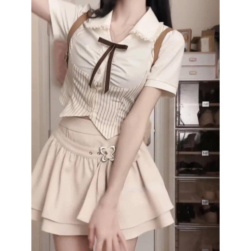 

Японский кавайный комплект из 2 предметов с юбкой, женская полосатая рубашка, блузка + мини-юбка, даже праздничная одежда, милый облегающий корейский винтаж L розовый/белый