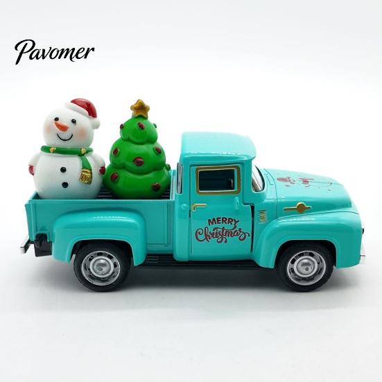 Red Truck Figurine Christmas Pickup Figurine, Vintage Car Statue with Santa Claus, Holiday Ornament Tree, Snowman, Miniature Alloy Vehicle for