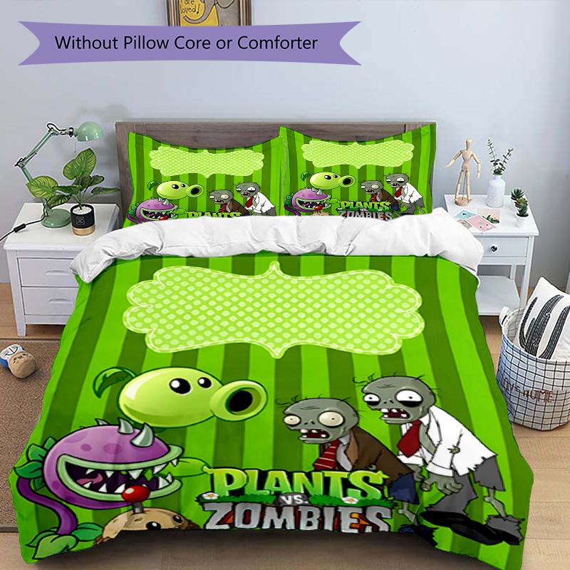 3pcs Duvet Cover Set (1*Duvet Cover + 2*Pillowcase, Without Core), Plants vs. Zombies Print Bedding Set, Bedroom Decor, All‑Season, Birthday Gift