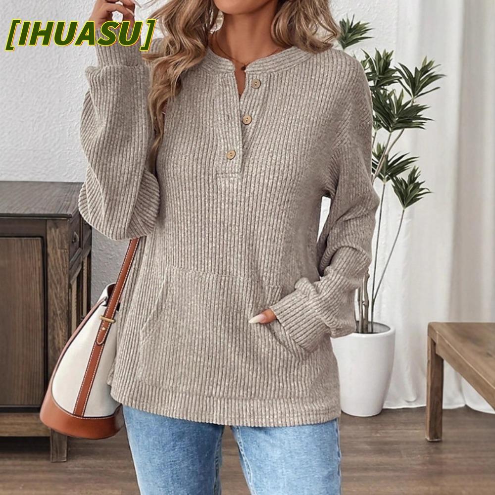 IHUASU Women's Fashion Casual Solid Color Print Long Sleeve Blouses & Shirts