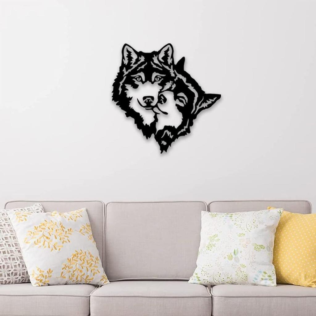AMNGYOOK Metal Wolf Wall Art, Cute Animal Silhouette Sculpture Iron Animal Art Wall Hanging For Living Room Bedroom Kitchen Decor (Wolf Head)