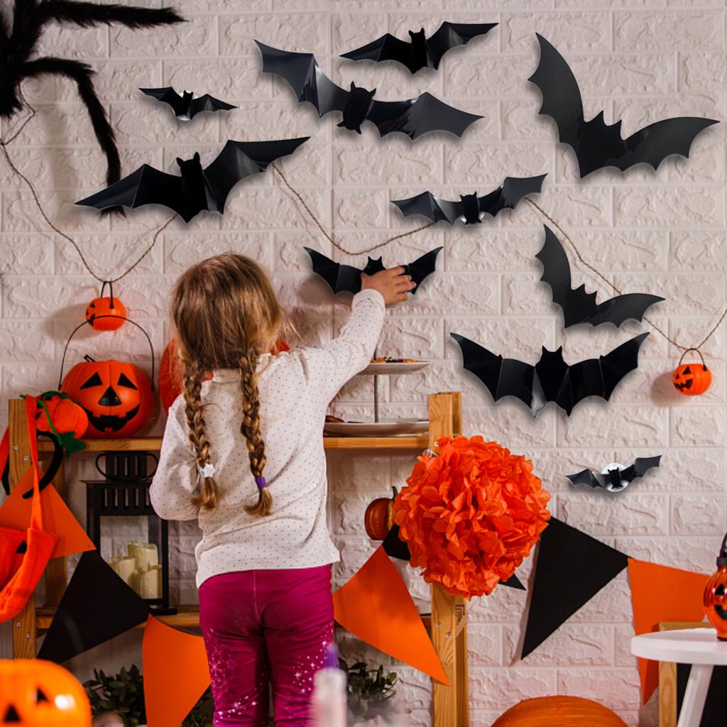 12/24/36/48/60Pcs New Halloween 3D Lighted Bats Wall Stickers Halloween Party DIY Decorative Horror Bats Removable Stickers