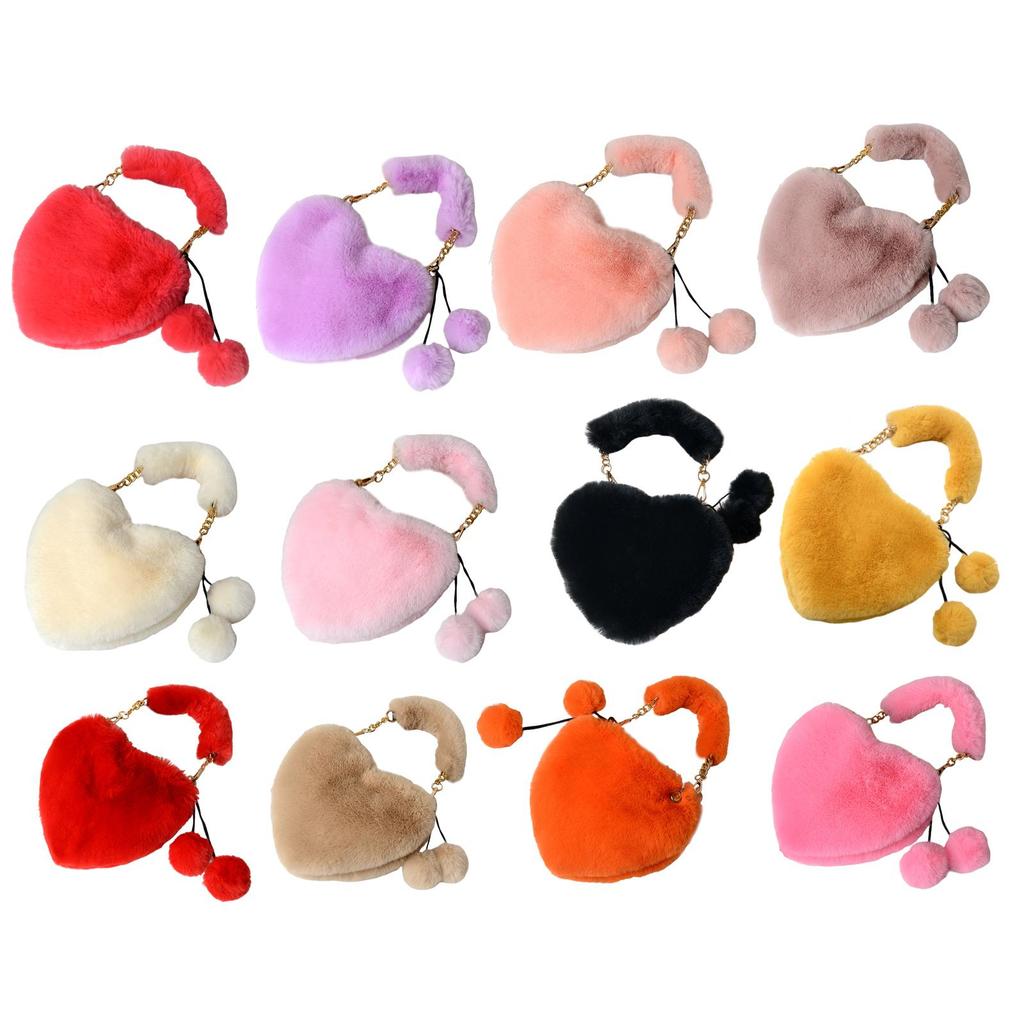 Women's Heart Shaped Faux Fur Wallet Purse Chain Shoulder Bag Winter Tote Purse Messenger Satchel