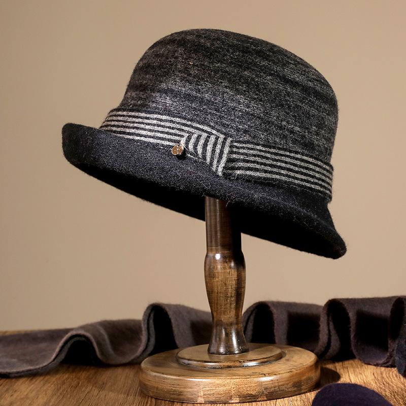 Autumn and winter crimped knitted wool basin hat contrasting stripes women's retro casual warm top hat elegant bucket hat